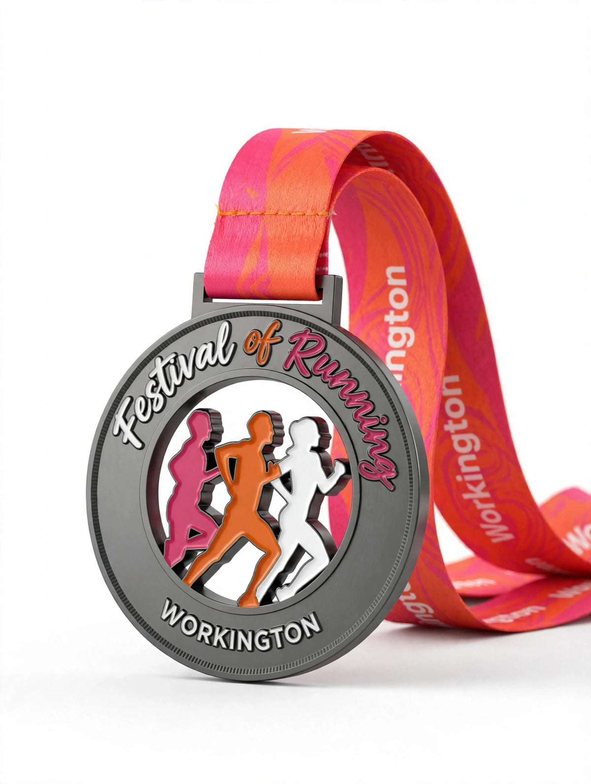 Custom Festival of Running medal with pink and orange Workington ribbon