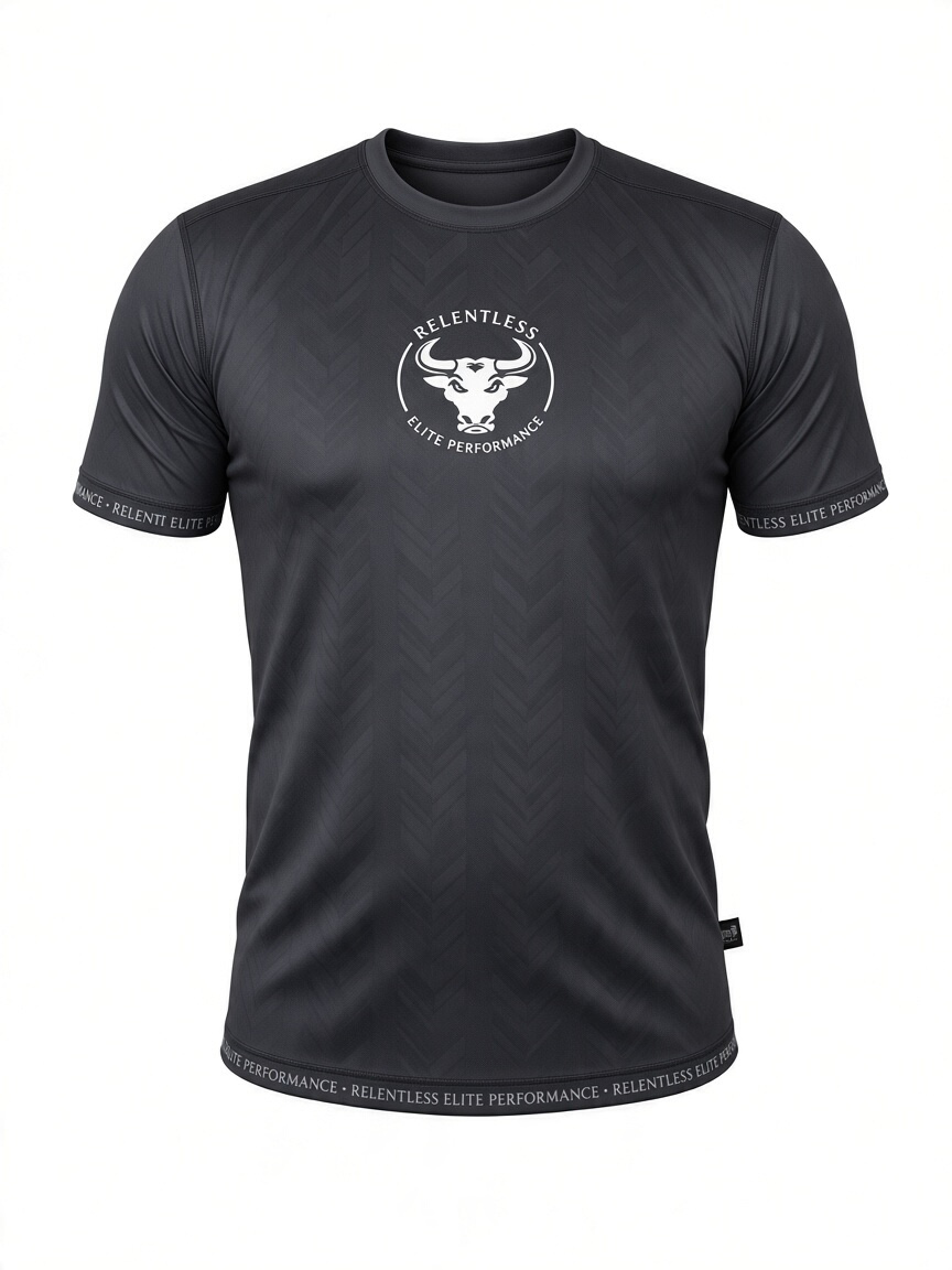 A black short-sleeve athletic t-shirt with a subtle chevron pattern, featuring a white circular bull logo and the text 'RELENTLESS ELITE PERFORMANCE' on the chest, along with matching text on the sleeves and hem.