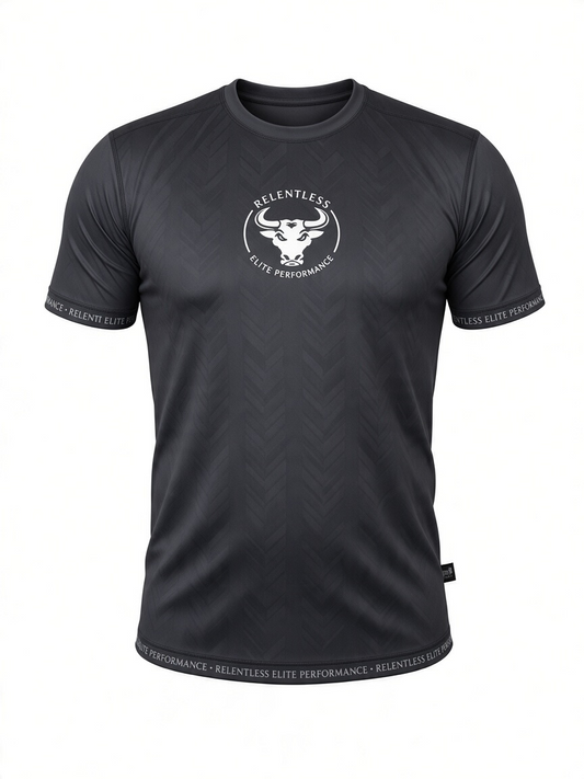 A black short-sleeve athletic t-shirt with a subtle chevron pattern, featuring a white circular bull logo and the text 'RELENTLESS ELITE PERFORMANCE' on the chest, along with matching text on the sleeves and hem.